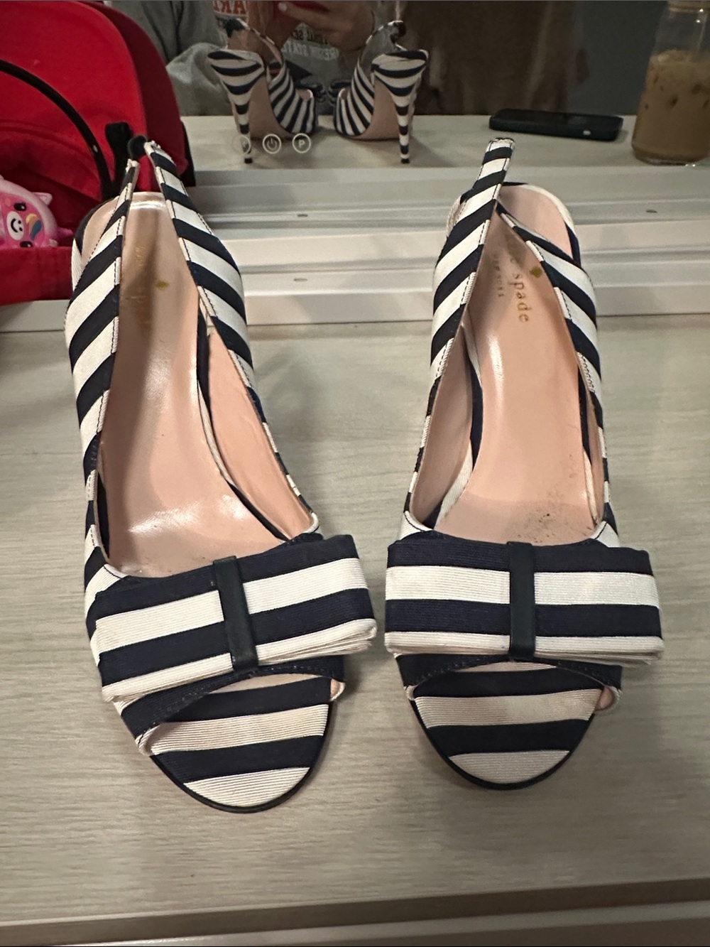 kate spade Navy and White Striped Peep-Toe Slingback Heels with Bow